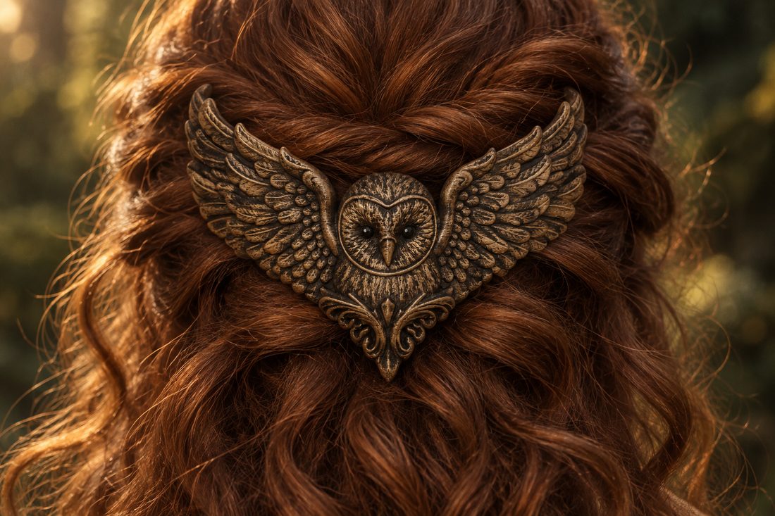 The crown in Natural Wood, worn in auburn curls