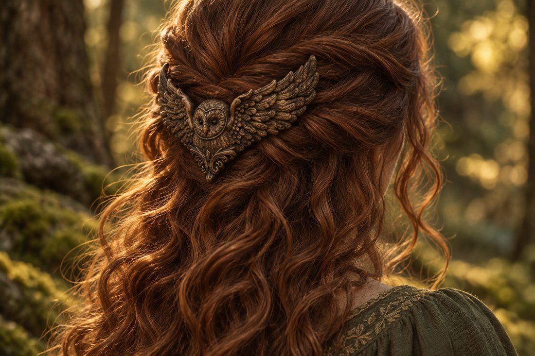 The owl back crown worn in auburn curls
