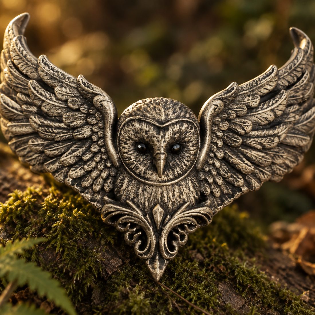 Close-up of the owl face in Earth Silver