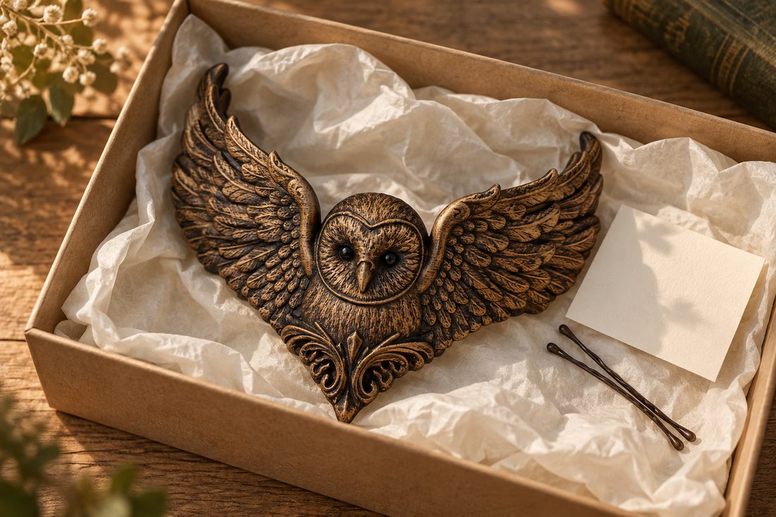 The crown in its box with tissue, bobby pins and a card
