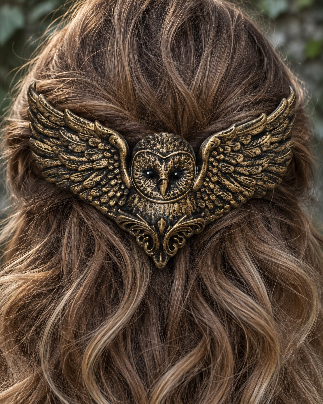 The Barn Owl Back Crown in Golden, worn at the back of curly dark-blonde hair, close-up