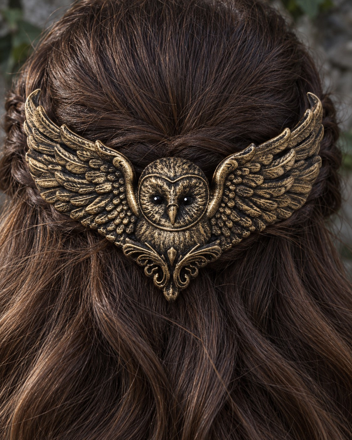 The Golden owl crown worn where two braids meet, close-up