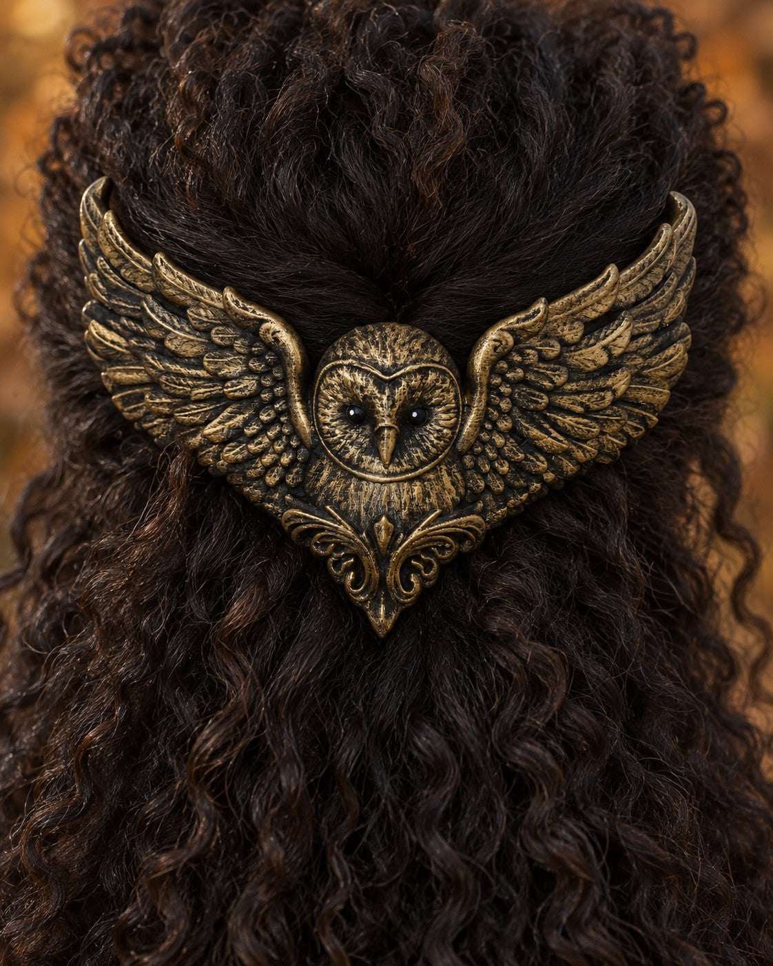 The Golden owl crown worn in thick natural coils, close-up
