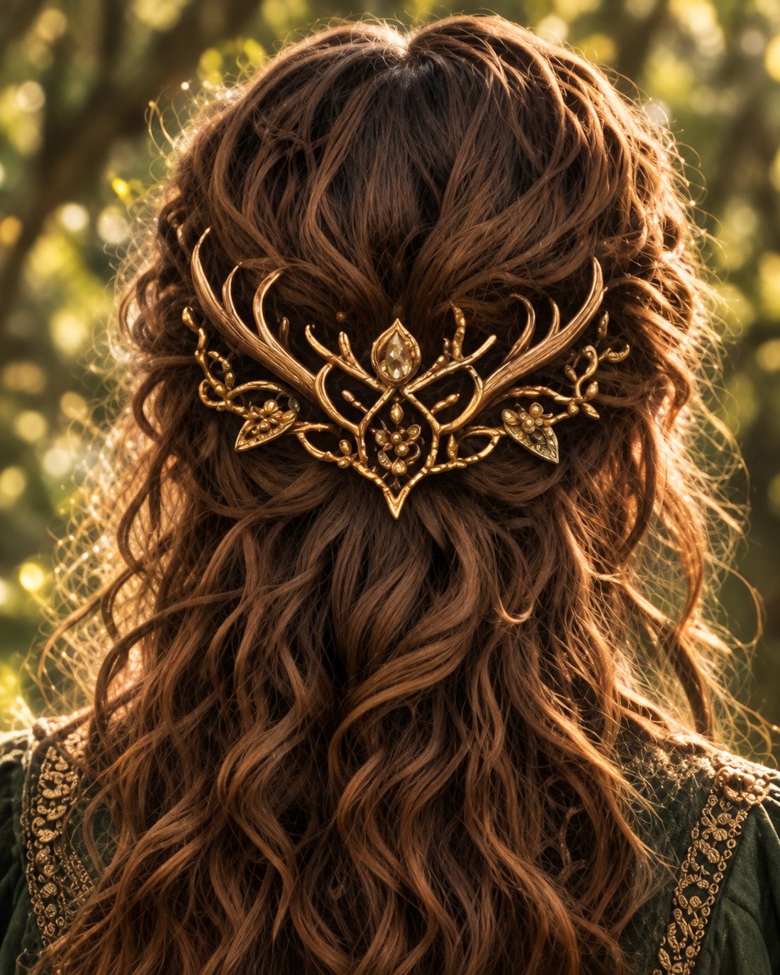 Woodland Antler Crown worn in long wavy hair (digital preview)