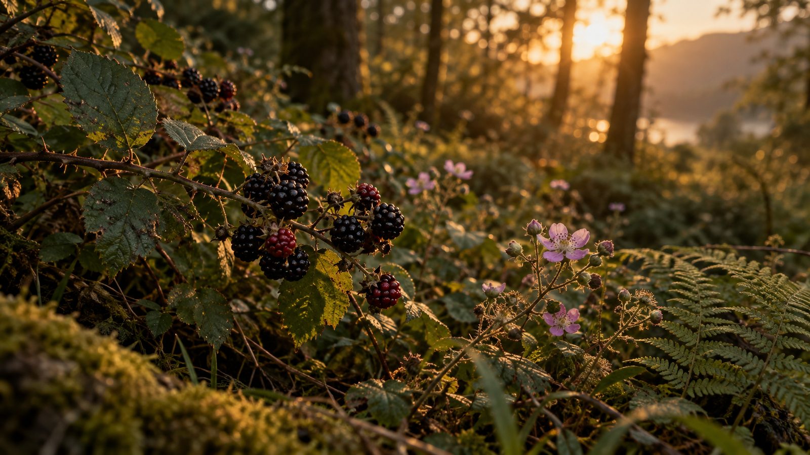 Blackberries on a bramble in the forest