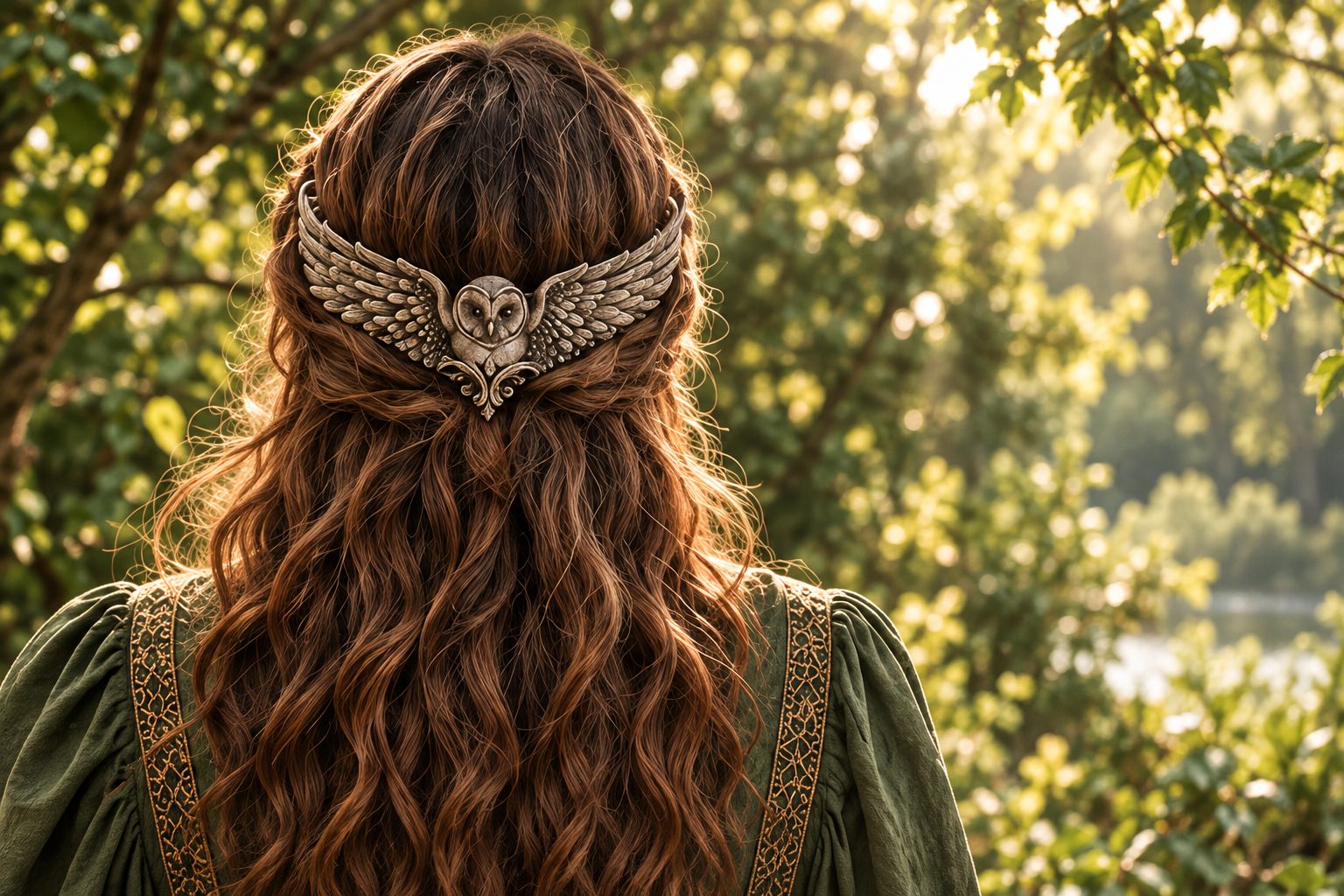 The Barn Owl Back Crown worn in long wavy hair, seen from behind