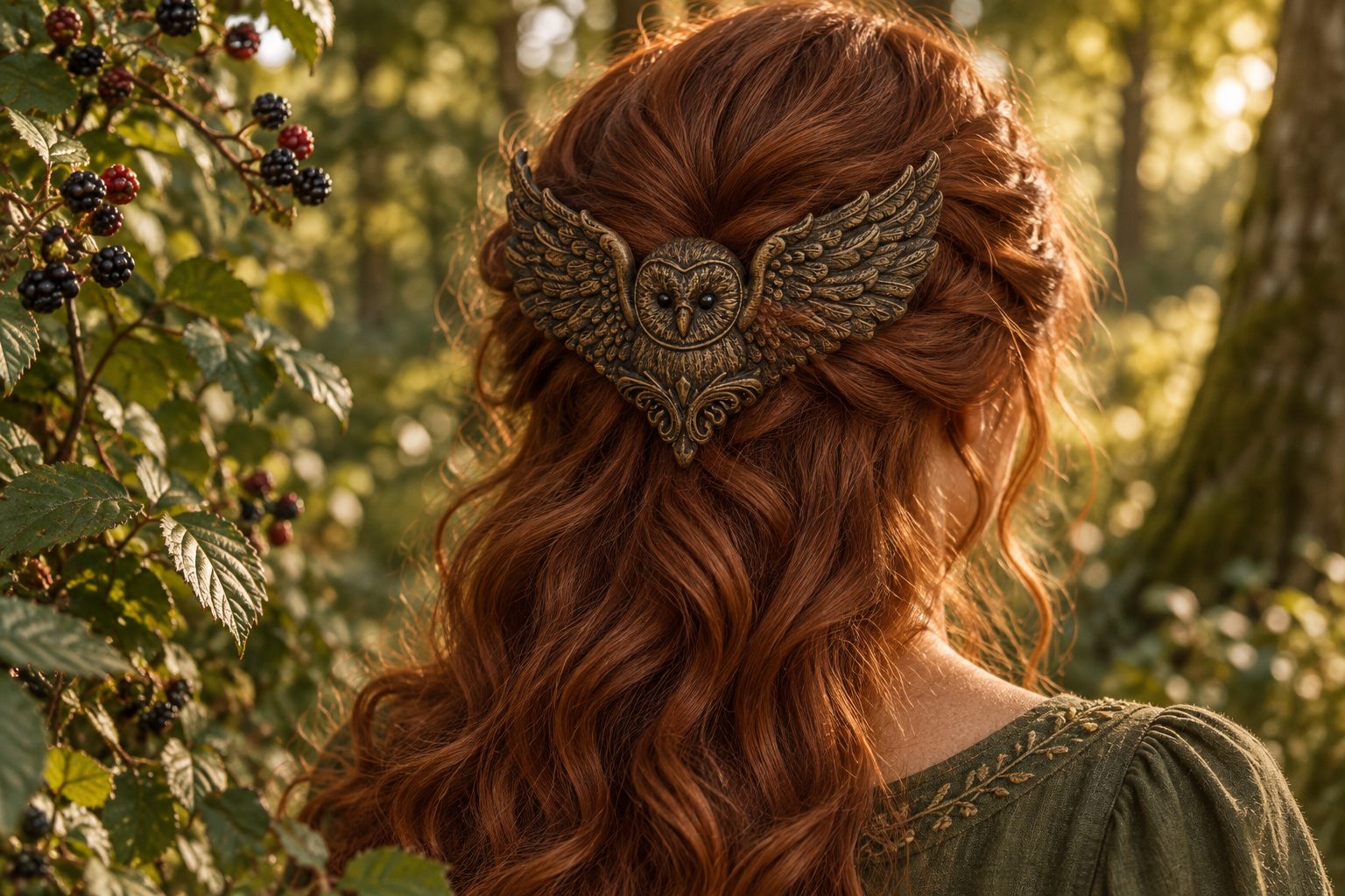 The owl back crown worn in auburn curls in a forest