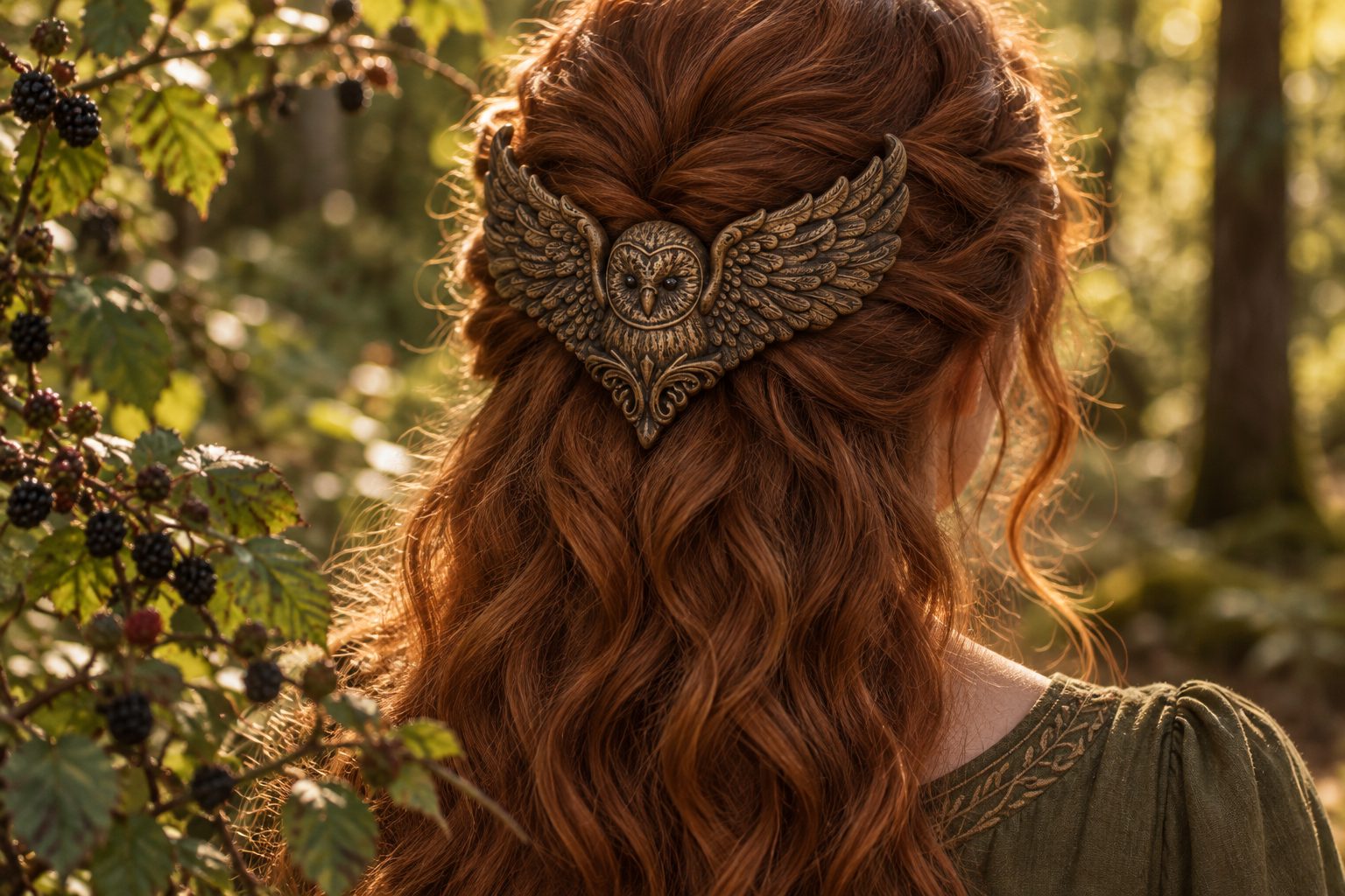 The owl back crown worn in long auburn curls, seen from behind in a forest