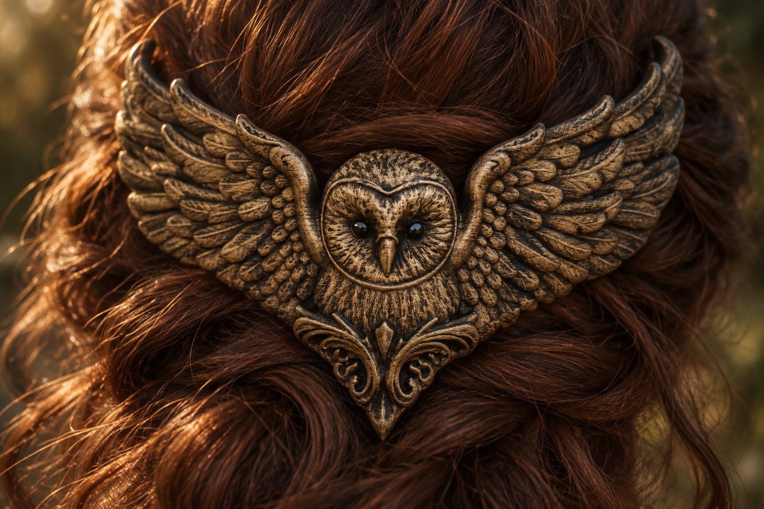 Close-up of the carved-wood owl crown in auburn hair